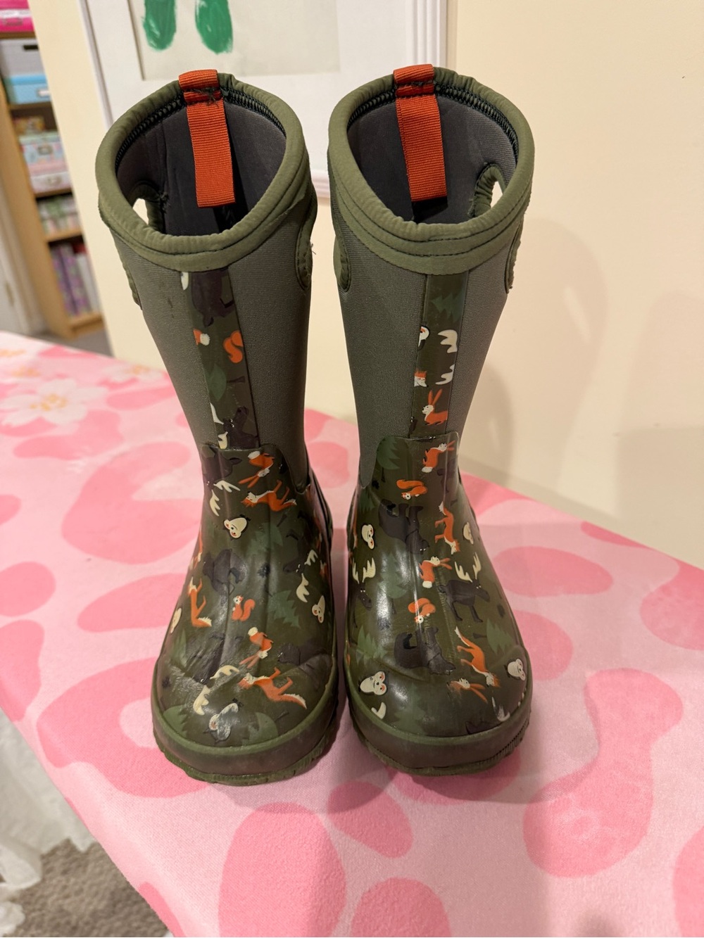 Bogs Kids Olive Green Camouflage Rain Boots with Orange Pull Tabs